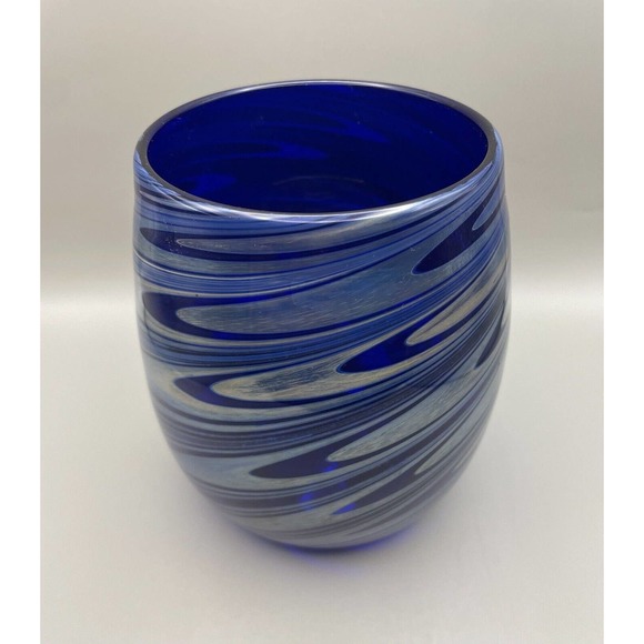 1992 Frederick Warren Art Cobalt Blue Glass Vase w/ Swirls of Blue & Silver - Picture 5 of 12